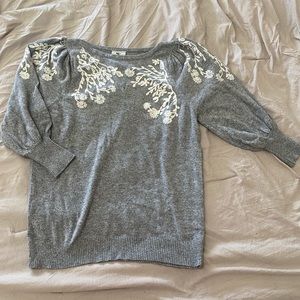 Rain + Rose embroidered grey 3/4 sleeve sweater